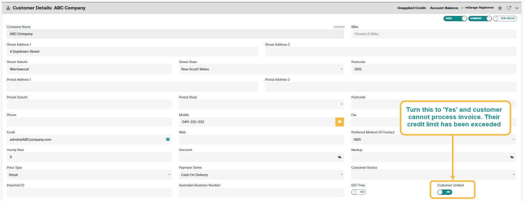 Workshop Software screen showing to stop the customer from receiving credit, set the ‘customer limited’ toggle…