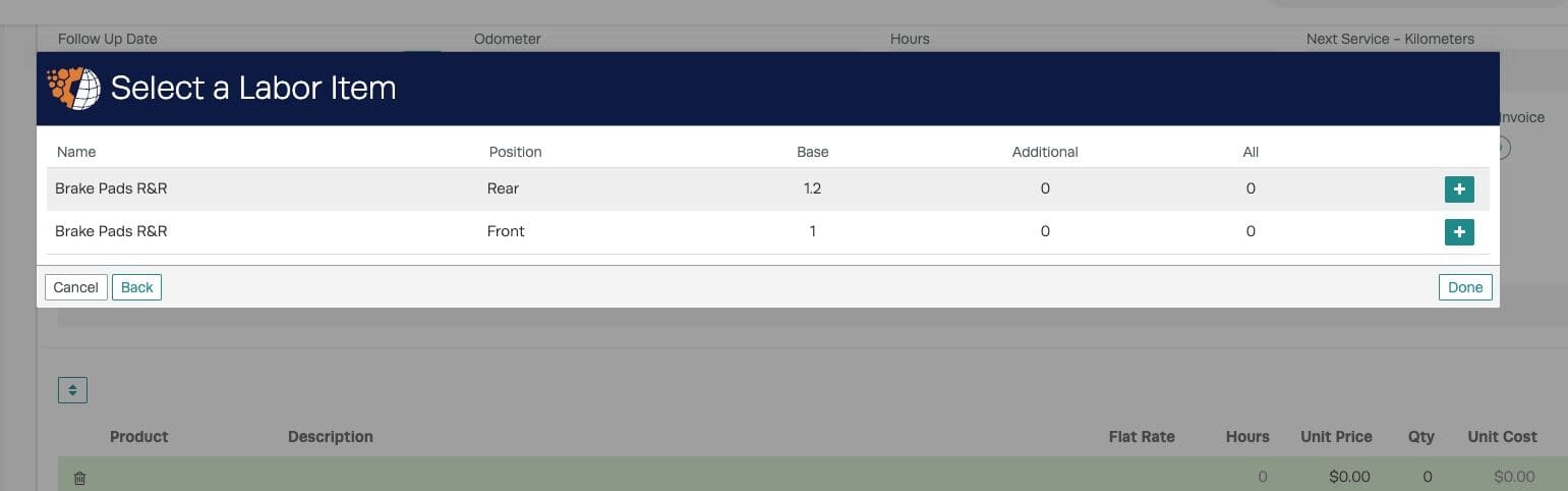 Workshop Software screen showing you will then see the options for the different labor times to add