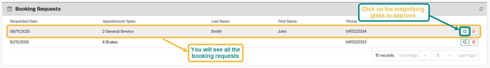 Workshop Software screen showing you will see all the booking requests, from here you can view, approve or del…