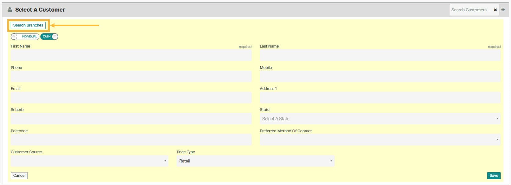 Workshop Software platinum multi-branch - add a customer from another branch showing ’ search branches ’