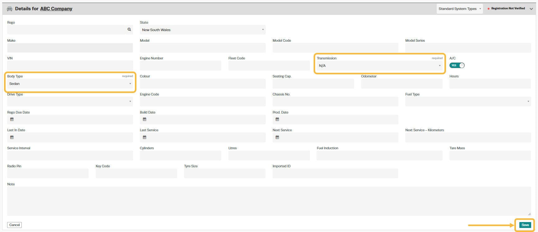 Workshop Software screen showing once details are entered click the green ‘save’ button