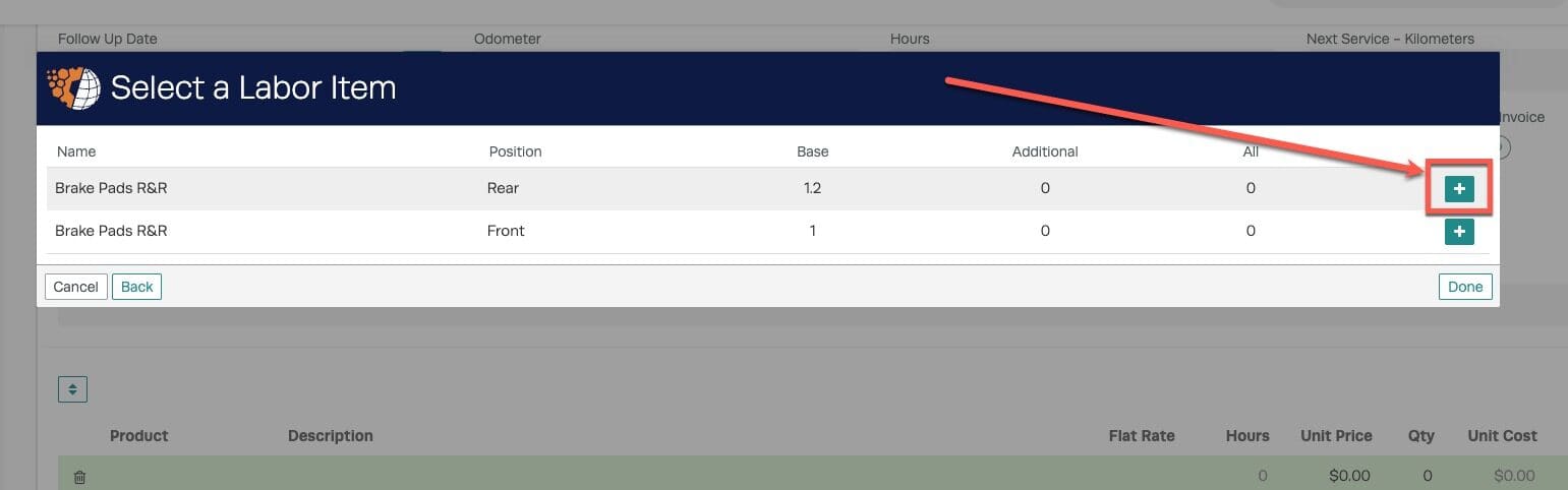 Workshop Software partstech labor guides integration showing ‘plus’ button on the right