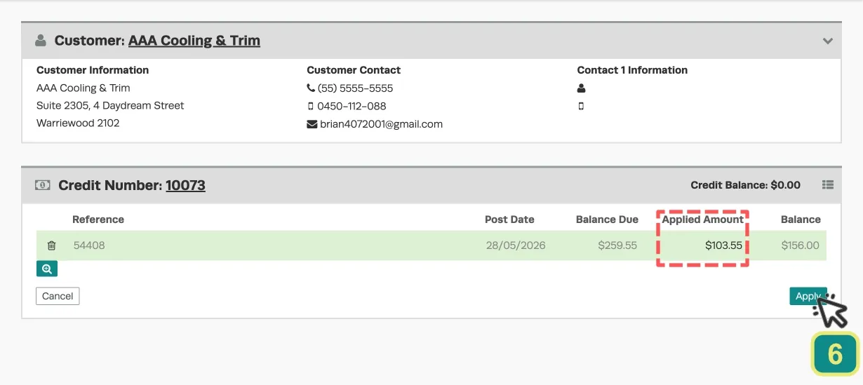 A screenshot of the Apply Credit Page. A red box surrounds the Applied Amount field. A cursor indicates to click the Apply Button.