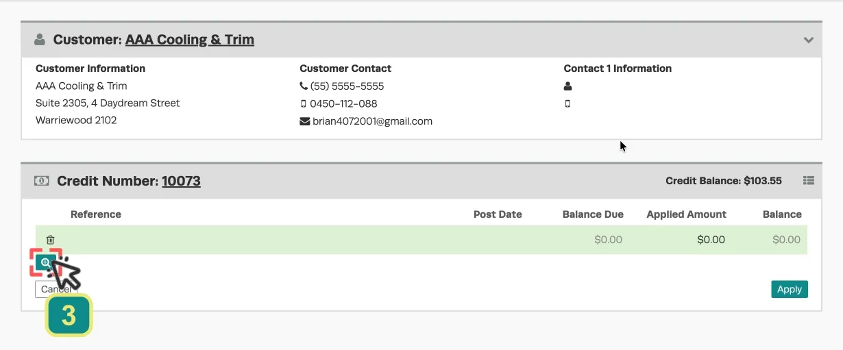 A screenshot of the Apply Credit page. A cursor indicates a click of the Magnifying Glass icon.