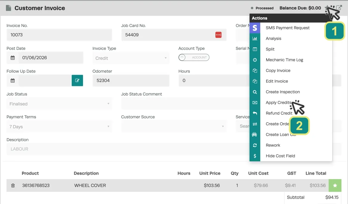 A cropped screenshot of the Customer Invoice page. Cursors indicate to choose the Star Menu in the Customer Invoice header and Apply Credits menu item.