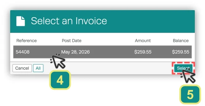 The Invoice Selection pop up from the Apply Credit Page. Cursors indicate to choose and invoice and click Select.