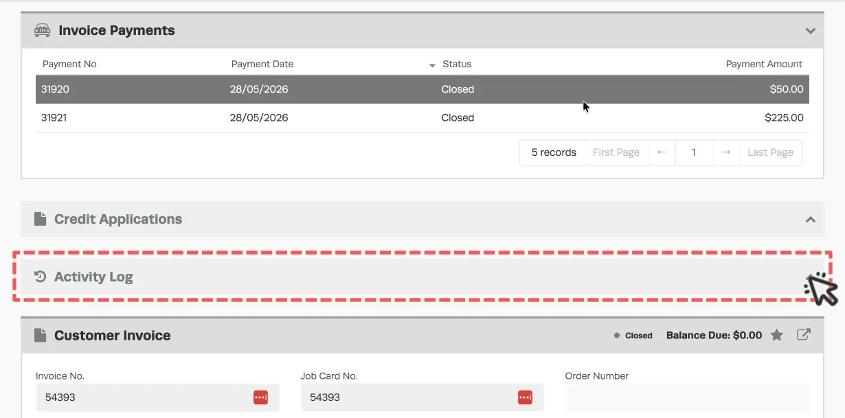 A screenshot of a section of the Invoice Page in Workshop Software. The Activity Log banner is highlighted with a red box and cursor indicating to click the arrow on the right of the banner.