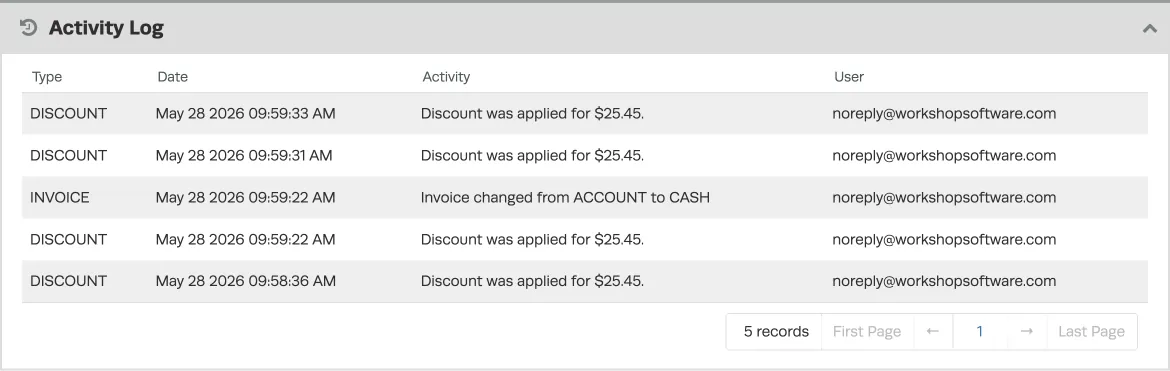 A screenshot of an Invoice Activity Log in Workshop Software.