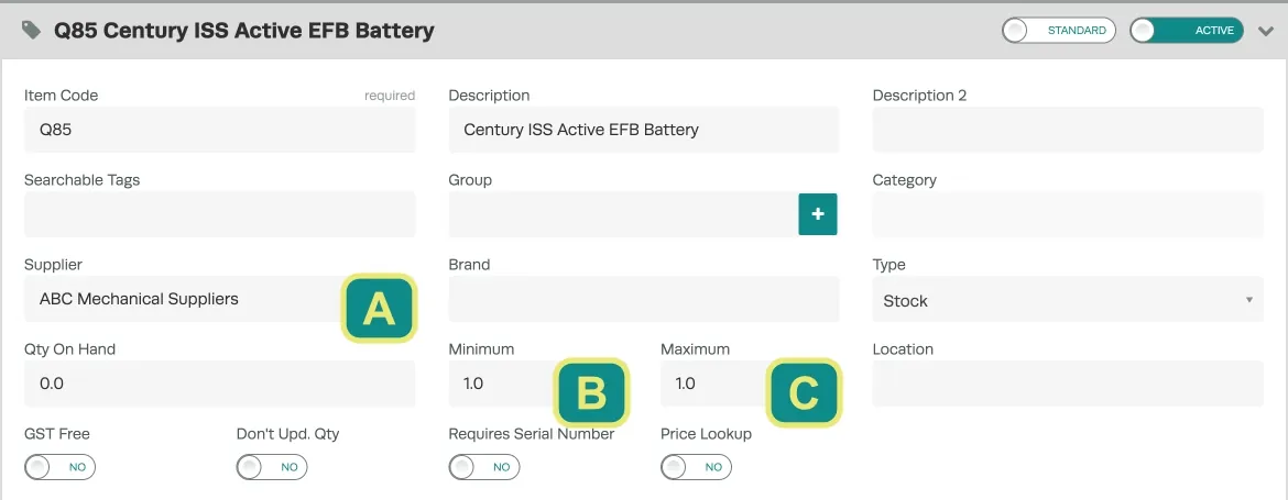 A screenshot of the Product Page, the letters A, B and C call out the Supplier, Minimum and Maximum fields respectively.