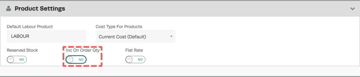 A screenshot of the Product Settings header inside Company Settings. The Inc on Order Qty toggle is Highlighted.