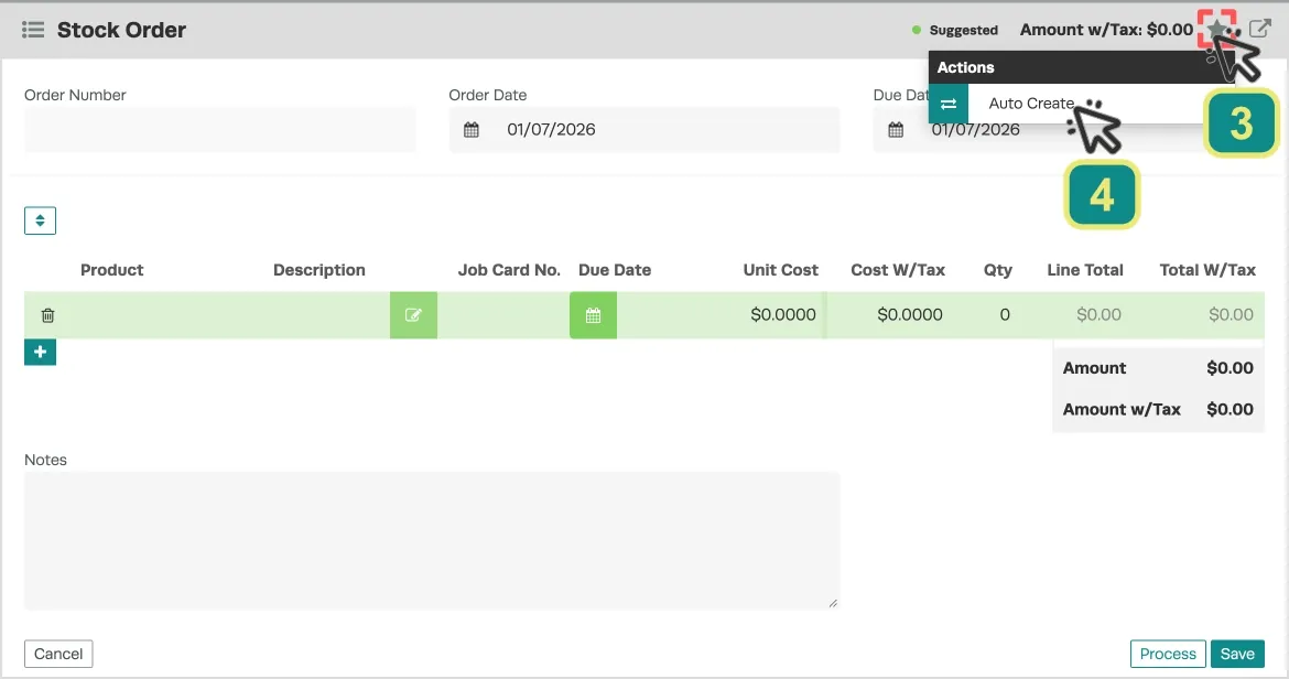 A screenshot of an empty Stock Order, numbered cursors indicate to click the Star icon and then Auto Create