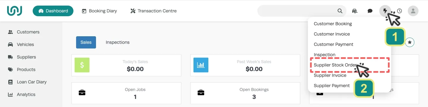 A screenshot of Workshop Software’s dashboard. Numbered cursors indicate to click the Lightning Bolt icon and then Supplier Stock Order