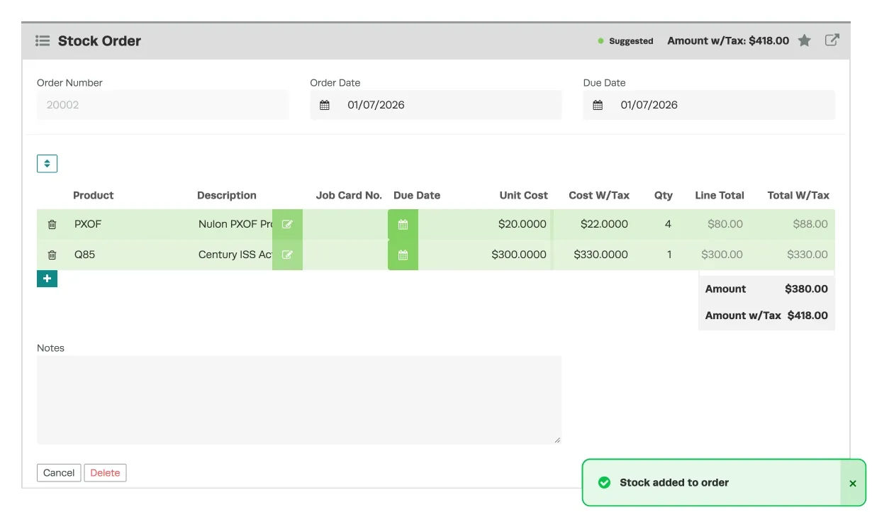 A screenshot of a Stock Order page after the Auto Create Stock Order function has been used, 2 Products are now visible in the Product List. A green “Stock added to order” pop up notification is visible.