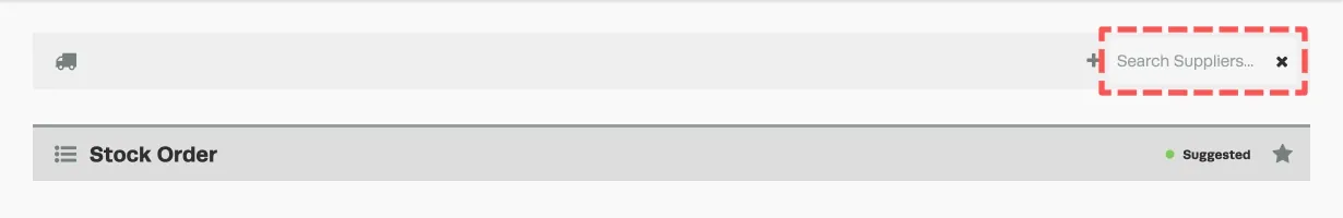 A screenshot of the Stock Order page before a supplier is selected, the Search Suppliers field is highlighted.
