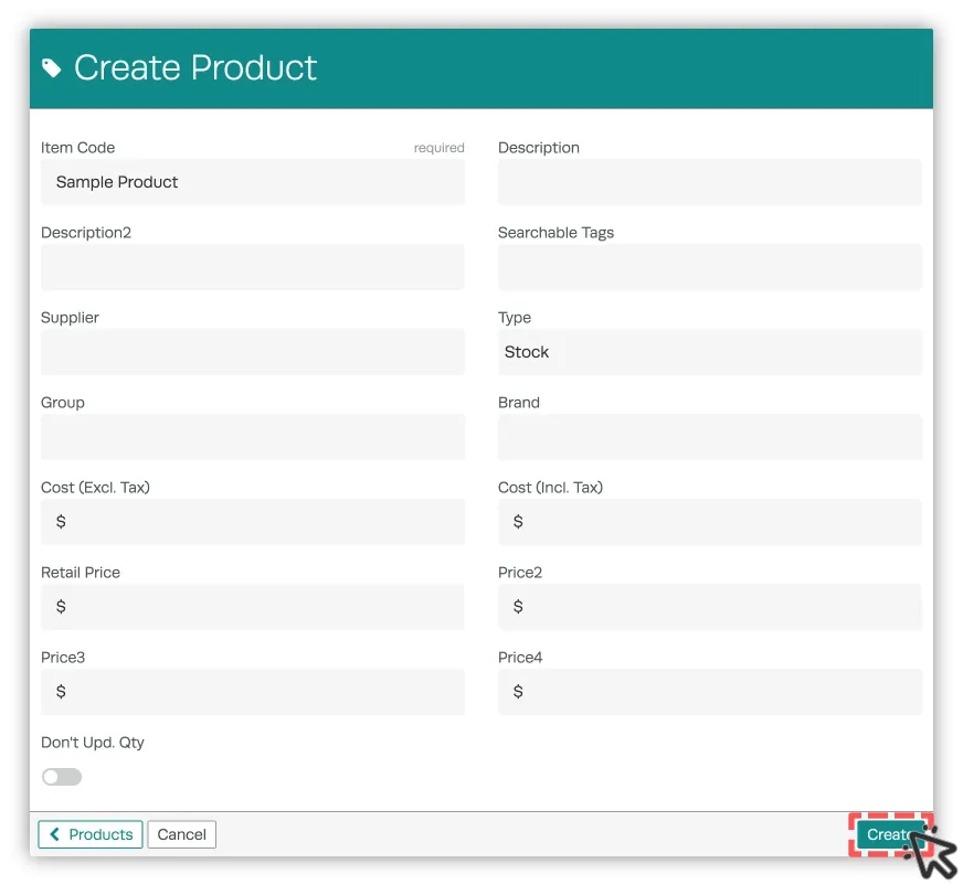An image showing Workshop Software’s Create Product pop up. The Create button is highlighted.
