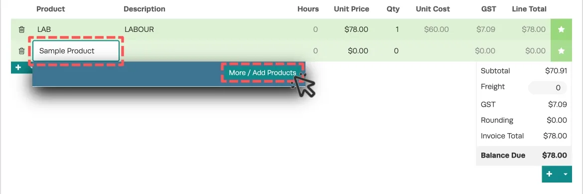 An image of the Product list inside an Invoice, Sample Product is entered in a highlighted field and a cursor indicates to click the More / Add Products button.