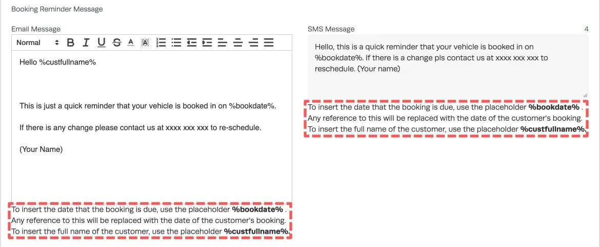 A screenshot of the Booking Reminder messages. The placeholders are highlighted.
