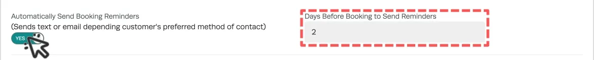 A screenshot of the booking reminders activate toggle. The toggle and number of days fields are highlighted.