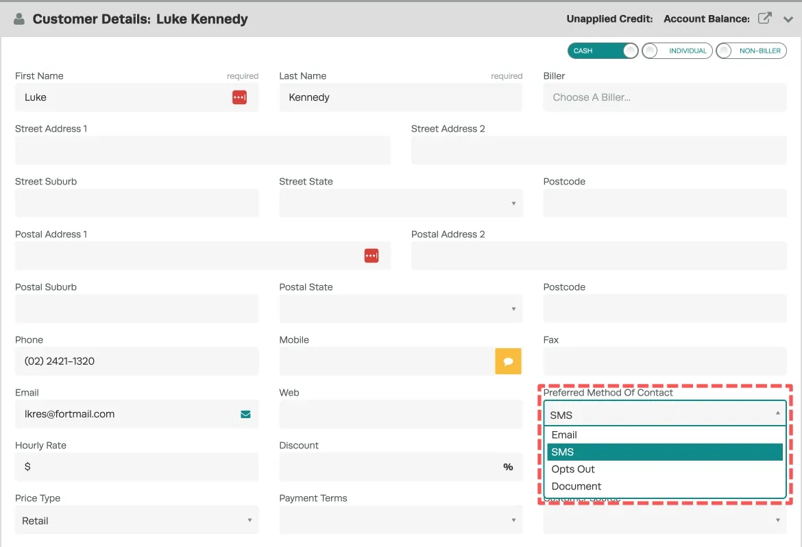 A screenshot of a Customer Details card, the Preferred Contact Method drop down is highlighted.