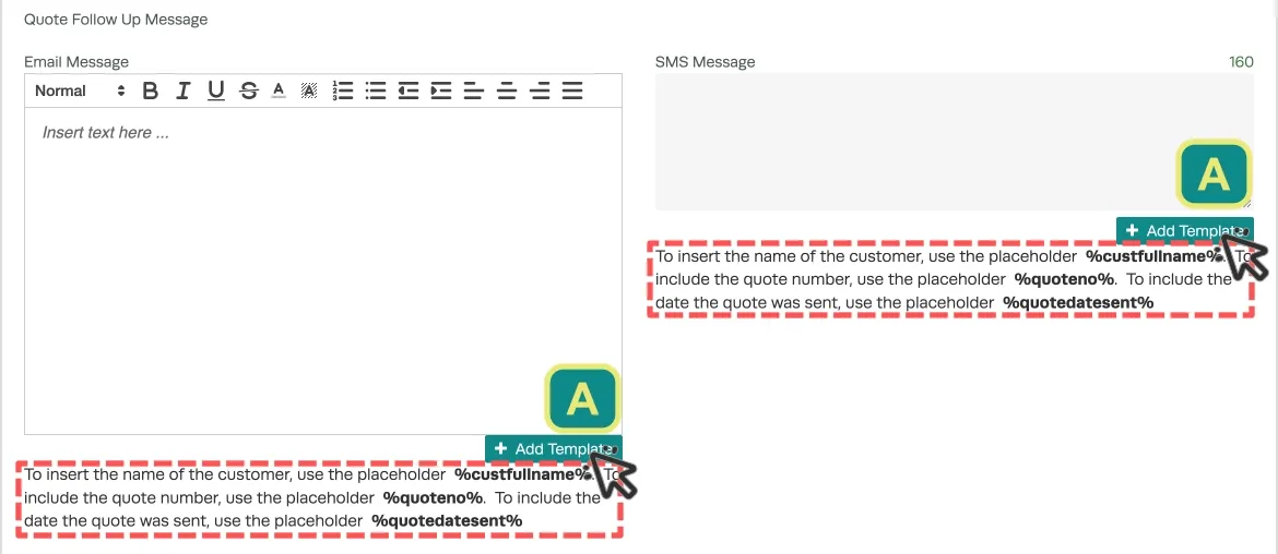 A screenshot of the Quote reminders messages, highlighting placeholders and template buttons.