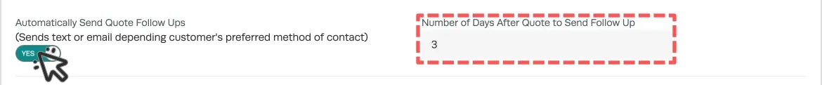 A screenshot of the Quote Reminder enable toggle and days after field.