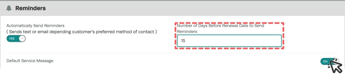 A cropped screenshot of the Reminders card. The focus is the Service reminders, highlighting the enable toggle and number of days field.
