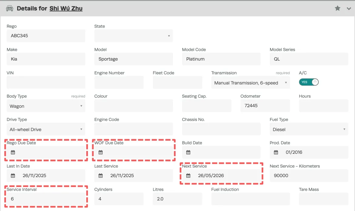 A screenshot of a Vehicle’s Details page. The Rego, WOF, Next Service and Service Interval fields are highlighted.