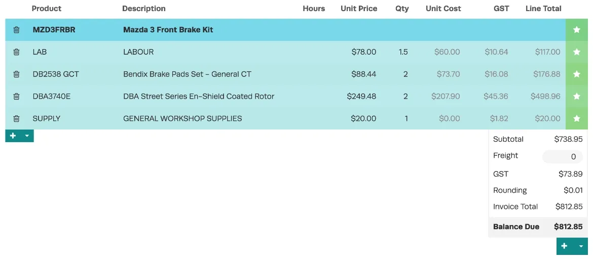 A screenshot of the Products list on a Job / Invoice. A Bundle is displayed.