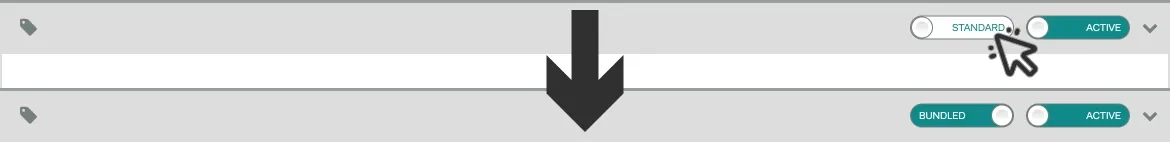 Screenshots of a Product Card’s header, a cursor indicates to click the Standard toggle, changing it to Bundled.