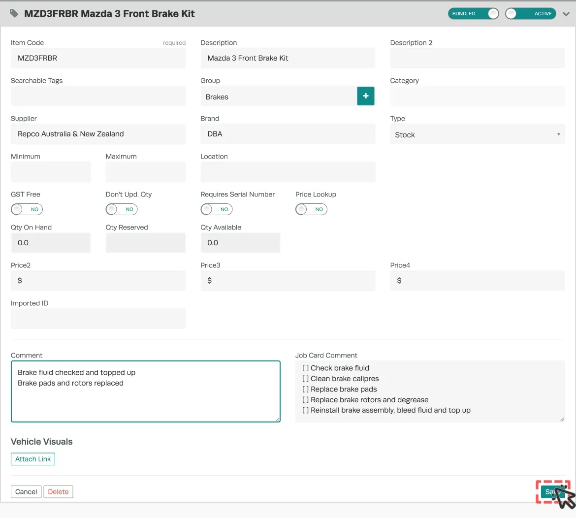 A screenshot of a new product with the Bundle Toggle turned on, the Save button is highlighted.