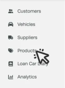 An image of Workshop Software’s left hand sidebar. A Cursor indicates to click Products.