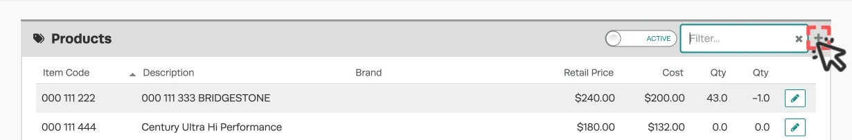 A cropped screenshot of the Products Page. The + icon is highlighted