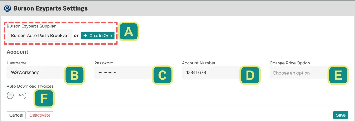 A screenshot of tje Burson Ezyparts Settings card. The individual fields are highlighted with letters explained in the document text.