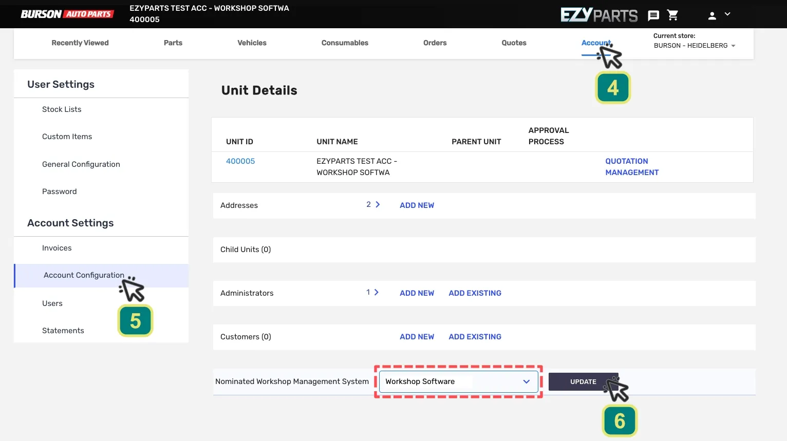 A screenshot of the Burson Ezyparts website with numbered cursors indicating how to access the Nominated Workshop Management System option.