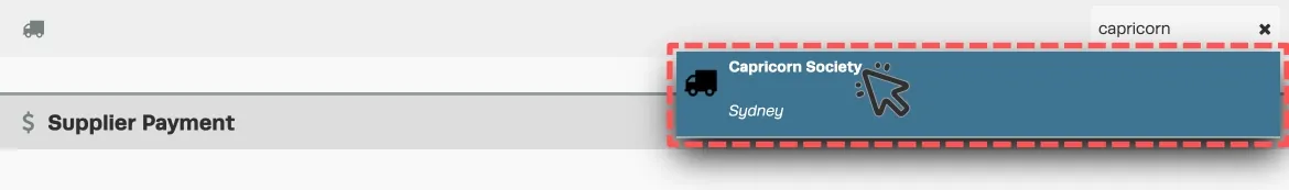 A screenshot showing Capricorn Society being selected as the payee in a Supplier Payment