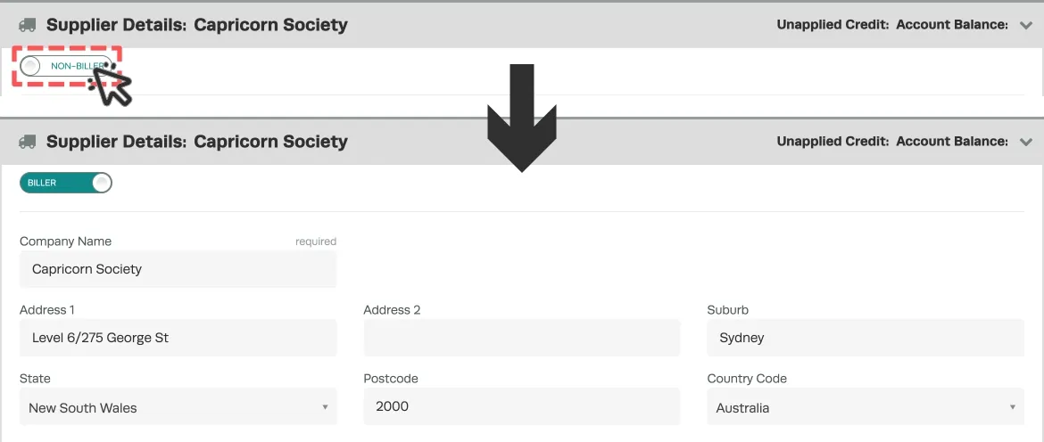 A screenshot showing the effect of the Biller toggle in a Supplier card.