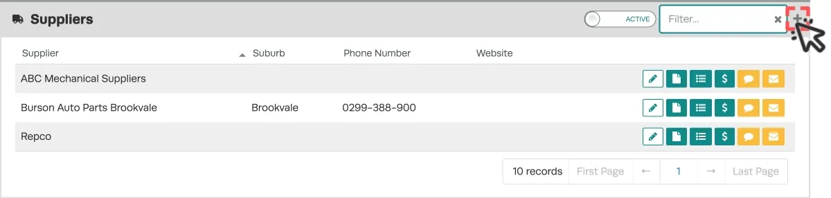 A screenshot of the Suppliers list highlighting the + icon used to add a new Supplier.