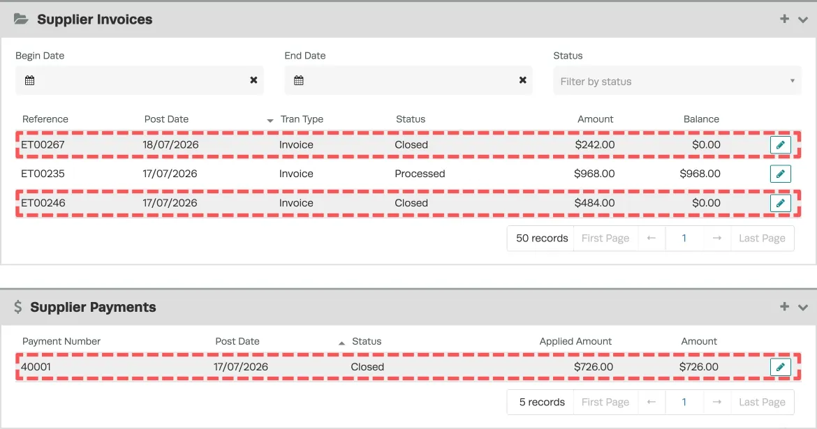 A screenshot highlight Invoices and Payment made via a Biller on a Supplier’s record.