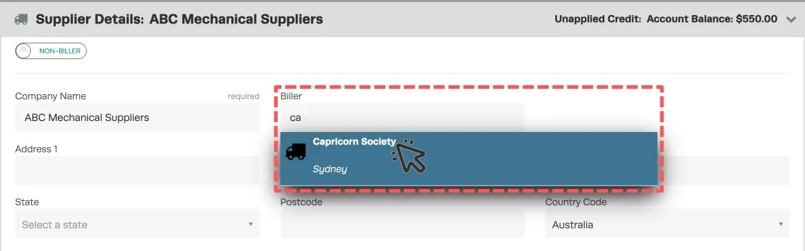 A screenshot of changing the biller on a Supplier Record.