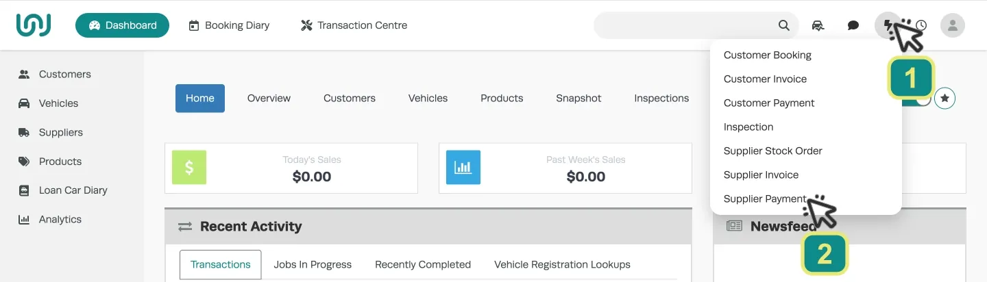 A screenshot of Workshop Software’s Dashboard. Cursors indicate to click the lightning bolt icon and then Supplier Payment.