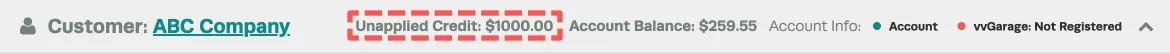 A Screenshot of the Customer Banner inside an Invoice, the Unapplied Credit sections of $1000.00 is highlighted with a red box.