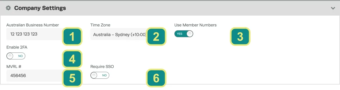 A numbered screenshot of the Company Settings card.