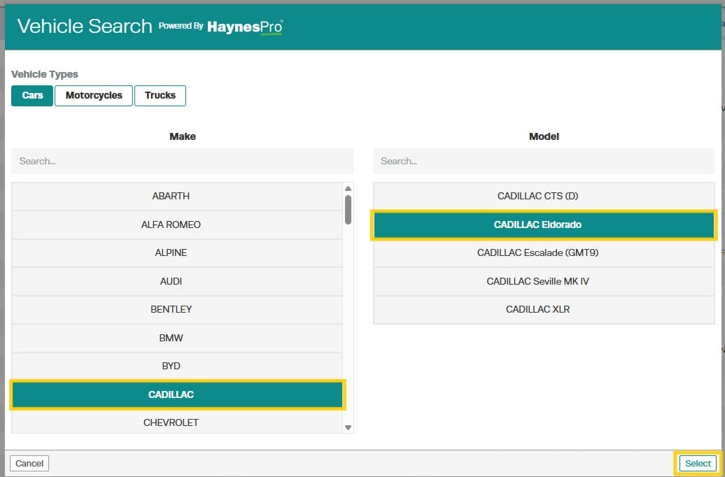 Confirming vehicle selection in Workshop Software