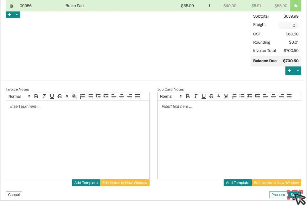 An image of the lower half of a Workshop Software Customer Invoice form, the Save button is highlighted with a red border and a cursor icon indicating a click.