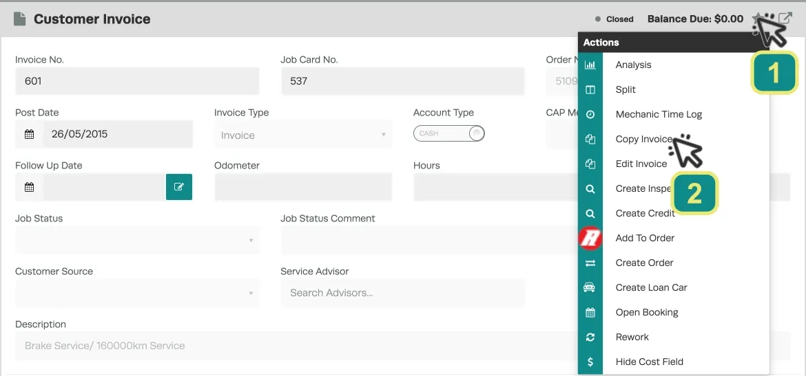 An icon showing the top half of a Workshop Software Customer Invoice form. Two numbered cursor icons indicate to click the Star icon and then Copy Invoice in the resulting drop down menu.