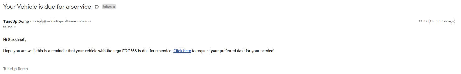 A screenshot of an email service reminder sent by Workshop Software.