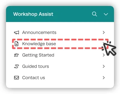 A pop up in Workshop Software titled Workshop Assist. The Knowledge Base link is highlighted and a cursor indicates a click.
