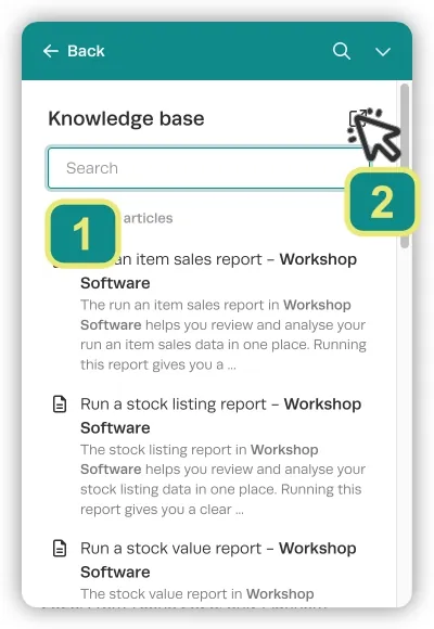A pop-up inside workshop software. The Search Bar is numbered 1 and the link to open the Knowledge base in a new window is numbered 2.