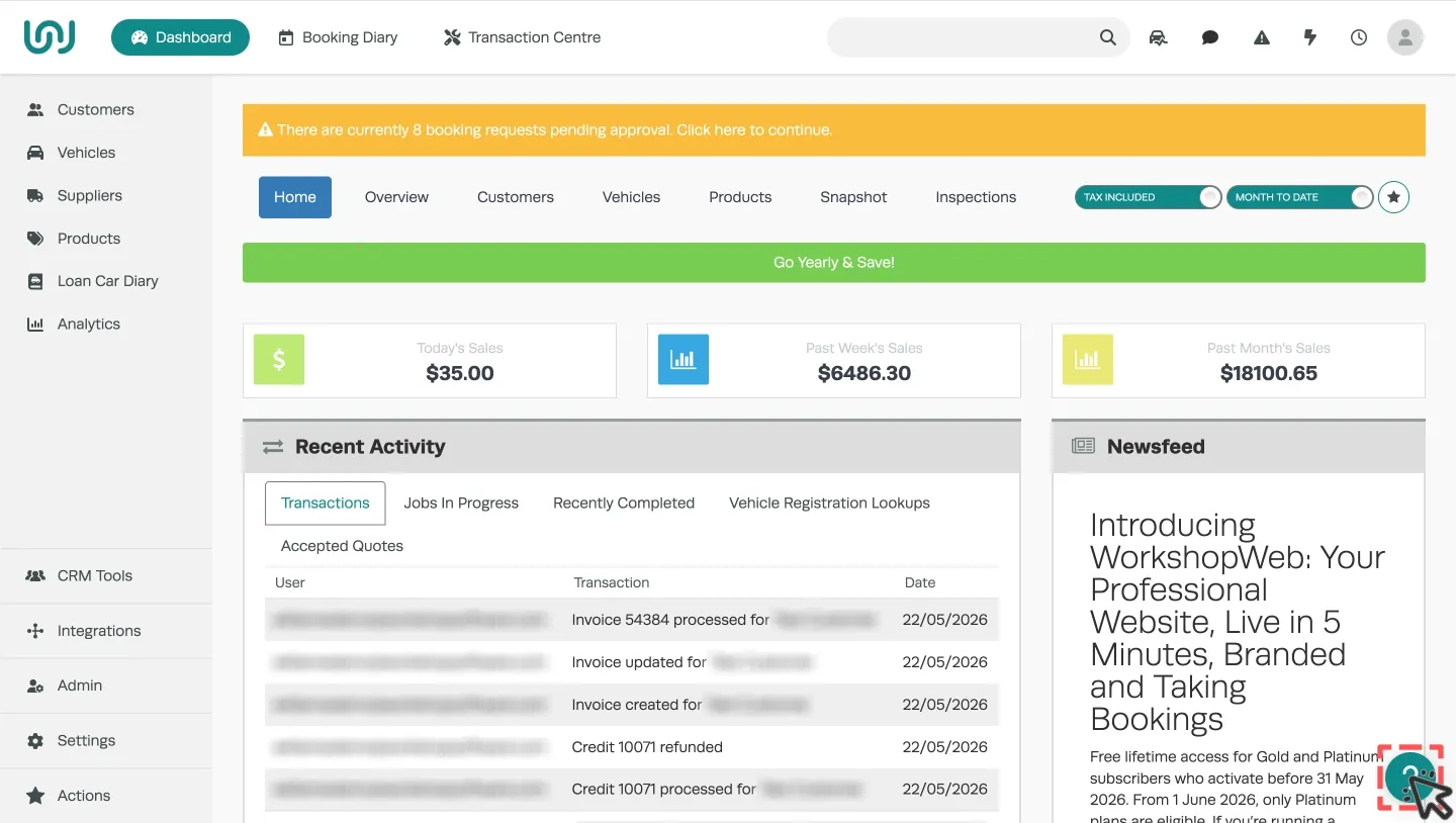 A screenshot of Workshop Software’s dashboard. The Questions mark icon in the bottom right corner is highlighted and a cursor indicates a click.