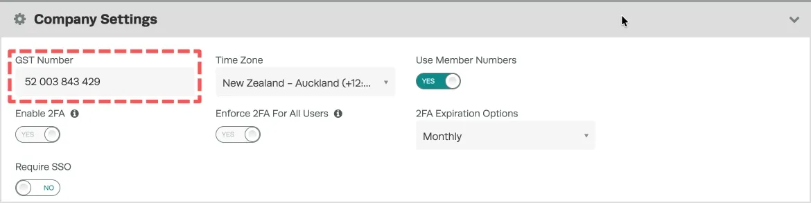A cropped Screenshot of Workshop Software’s Company Settings page. The GST Number Field is highlighted. 